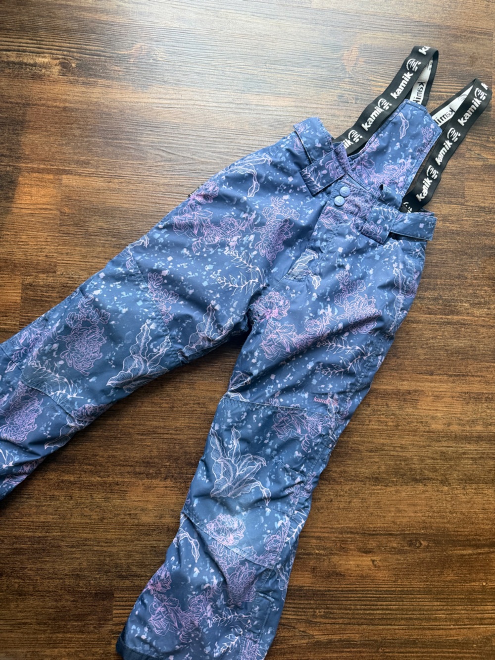 Kamik Kids Navy Blue Floral Snow Pants with Black Logo Suspenders